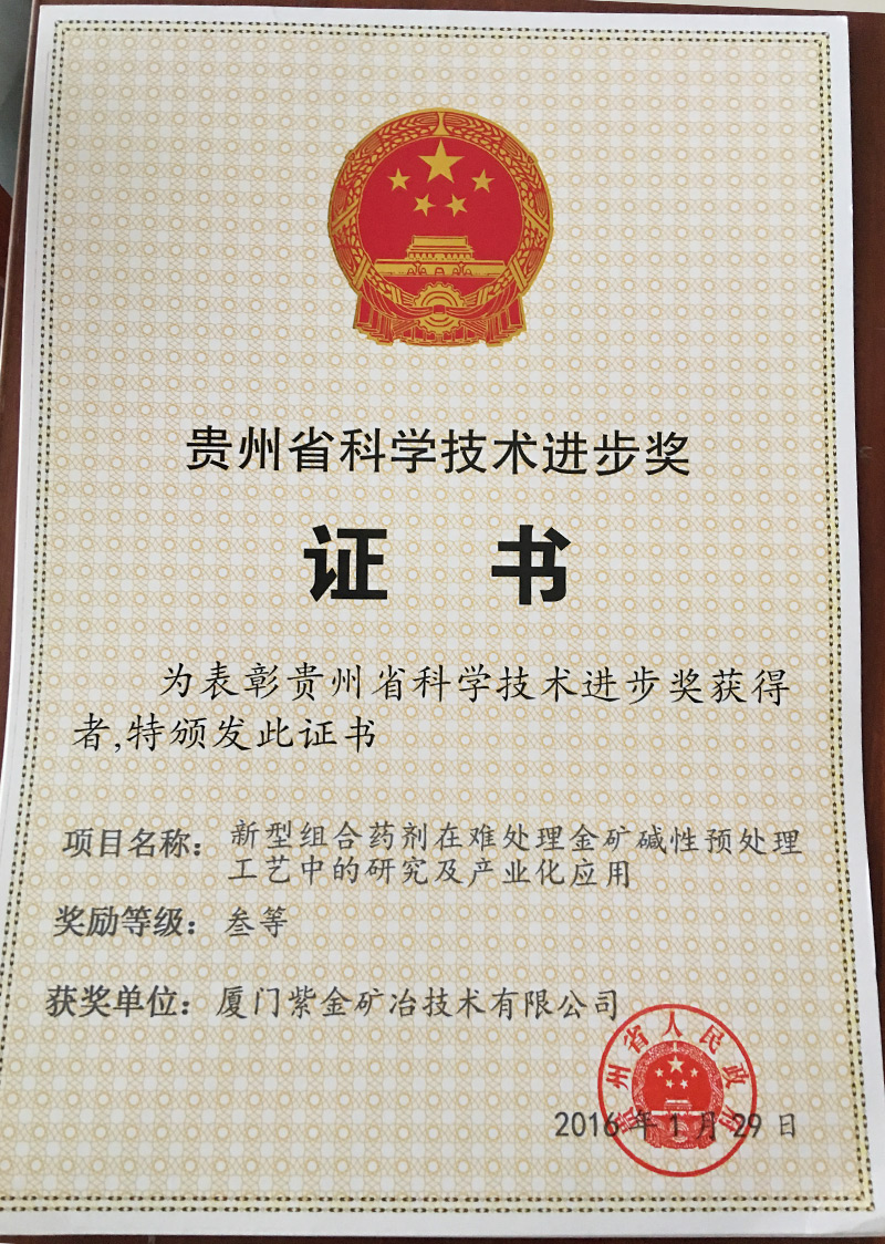 2016贵州省三等奖（新型组合药剂在难处理金矿工艺中的应用）
