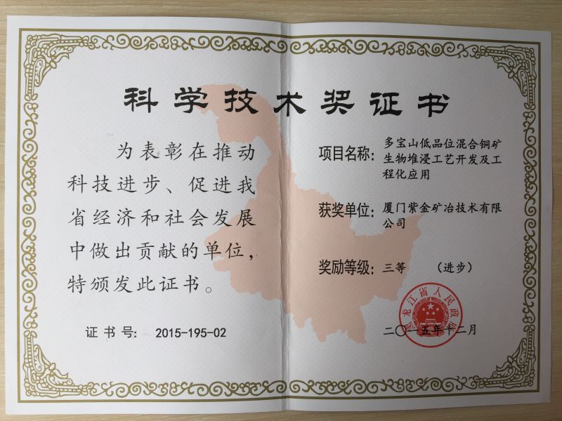 2015黑龙江省人民政府 科学技术奖三等奖（多宝山低品位混合铜矿生物堆浸工艺开发及工程化应用）